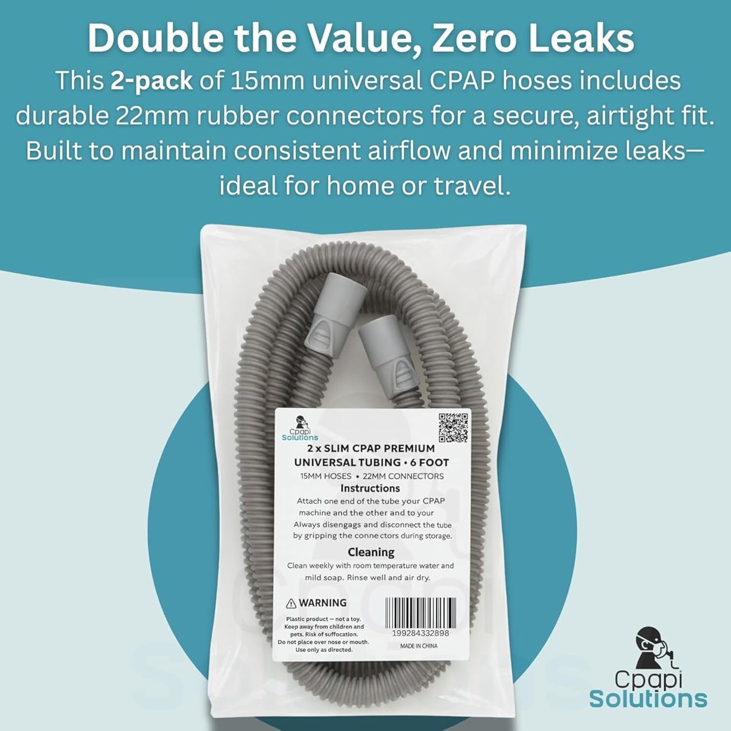 Slim Universal CPAP Hose – 6 ft (2-Pack) – with Standard 15mm hose & 22mm Ends