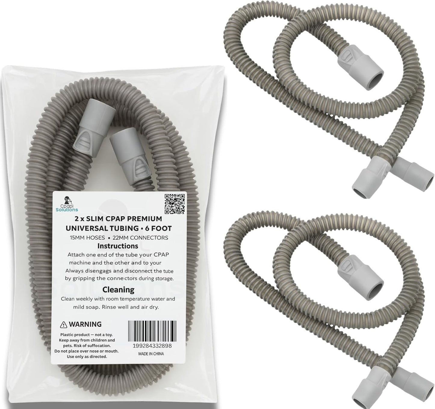 Slim Universal CPAP Hose – 6 ft (2-Pack) – with Standard 15mm hose & 22mm Ends